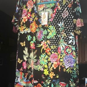 JOHNNY WAS NEW BLACK DREAMER SS V NECK SWING TEE XL